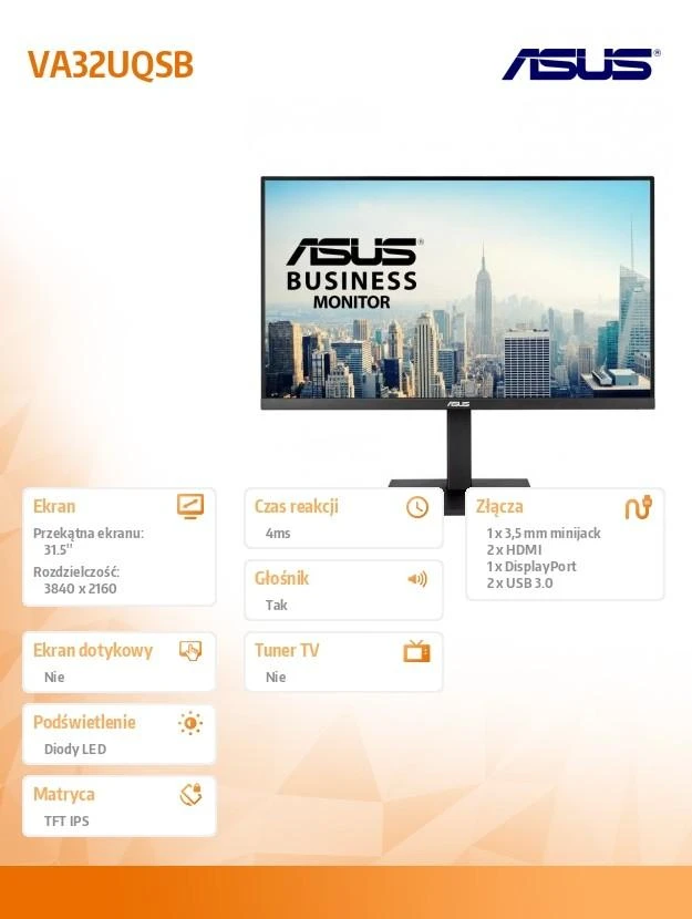 Monitorius ASUS VA32UQSB, 80 cm (31.5"), 3840 x 2160 4K Ultra HD, IPS LED, Juodas