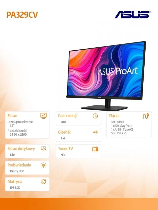 Monitorius Asus ProArt Professional PA329CV, 32", IPS, 4K UHD, 3840 x 2160, 16:9, 5 ms, 400 cd/m², HDMI jungtys quantity 2, 60 Hz