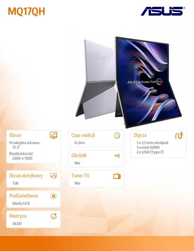 ASUS ZenScreen Fold OLED MQ17QH nešiojamas monitorius 17,3 colio OLED WUXGA 4:3 60Hz 350cd/m2 0,2ms Mini HDMI 2xUSB-C