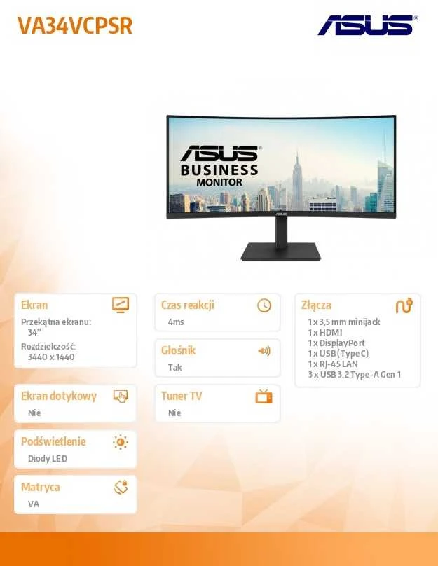 Monitorius ASUS VA34VCPSR 34 colių VA WLED lenktas 1500R UWQHD 21:9 100Hz 300cd/m2 4ms HDMI DP USB-C USB šakotuvas 3xUSB 3.2 G1 Type-A RJ45 Juodas