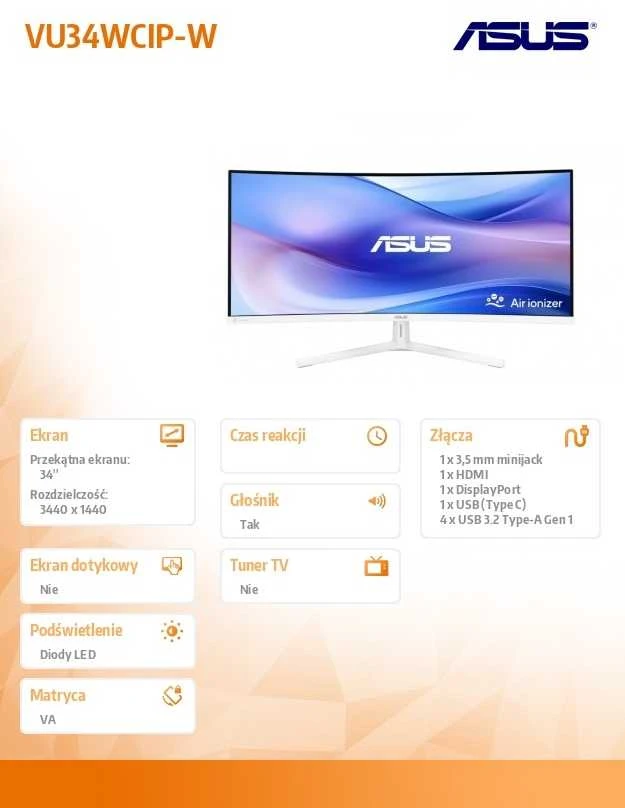 Monitorius ASUS VU34WCIP-W 34 colių VA WLED lenktas 1500R UWQHD 21:9 100Hz 300cd/m2 1ms HDMI DP USB-C USB šakotuvas: 4xUSB 3.2 G1 Type-A Baltas