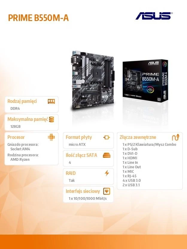 Pagrindinė plokštė ASUS AMD B550 / SAM4 / MicroATX / Memory DDR4 / Atminties lizdai 4 / 2xPCI-Express 3.0 1x / 1xPCI-Express 4.0 16x / 2xM.2 / 1x15pin D-sub / 1xDVI-D / 1xHDMI / 6xUSB 3.2 / 1xPS/2 / 1xRJ45 / 3xAudio port