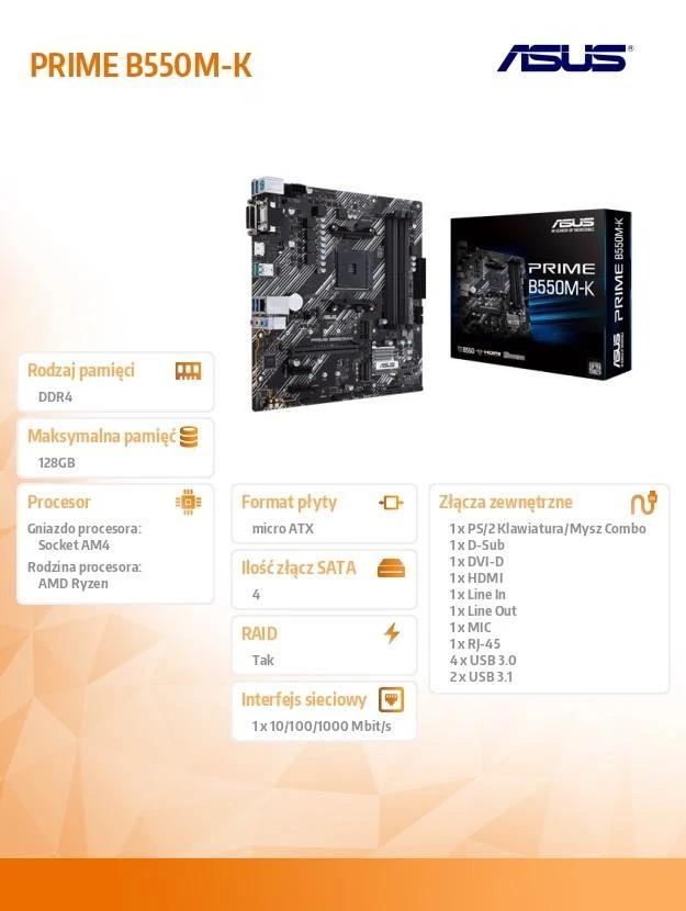 Pagrindinė plokštė ASUS AMD B550 / SAM4 / MicroATX / 2xPCI-Express 3.0 1x / 2xM.2 / 1xPCI-Express 4.0 16x / Memory DDR4 / Atminties lizdai 4 / 1x15pin D-sub / 1xDVI / 1xHDMI / 6xUSB 3.2 / 1xPS/2 / 1xRJ45 / 3xAudio port