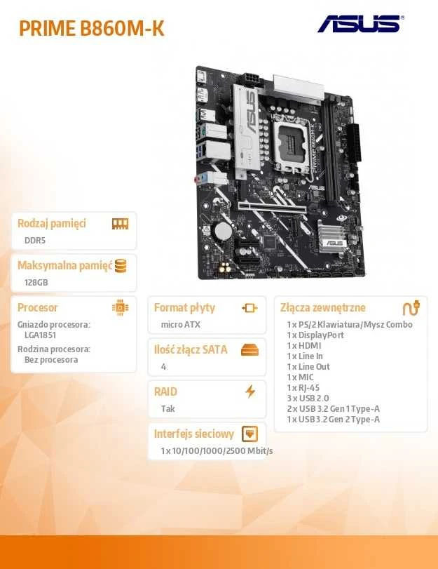 Pagrindinė plokštė ASUS PRIME B860M-K Intel B860 LGA 1851 (V1 lizdas) mikro ATX