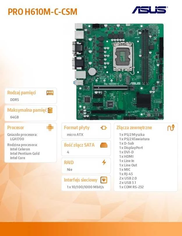 Pagrindinė plokštė ASUS Pro H610M-C-CSM/Micro-ATX/LGA1700