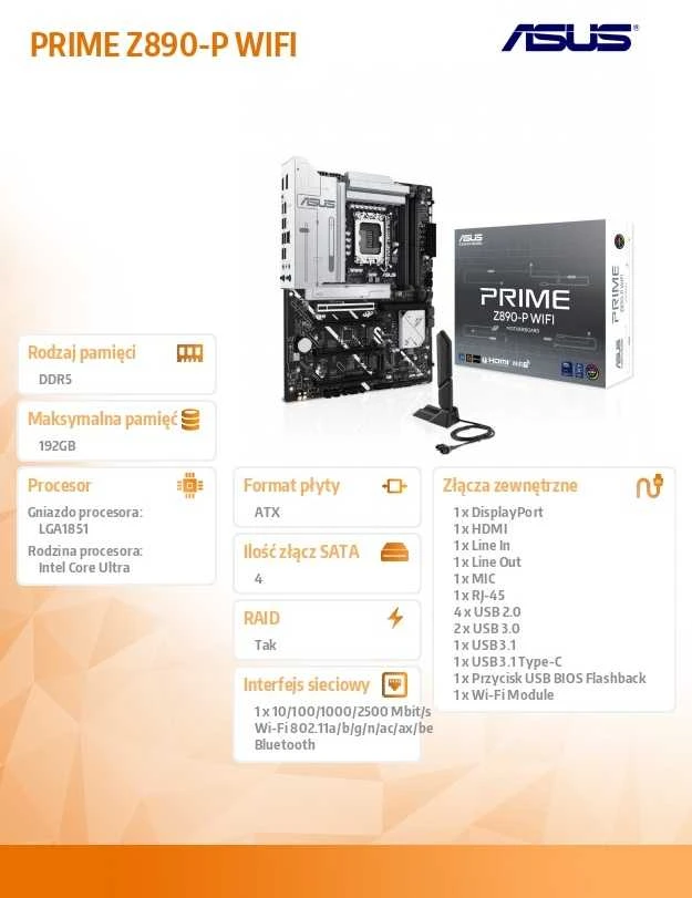 Pagrindinė plokštė ASUS PRIME Z890-P WIFI LGA1851 DDR5 ATX MB