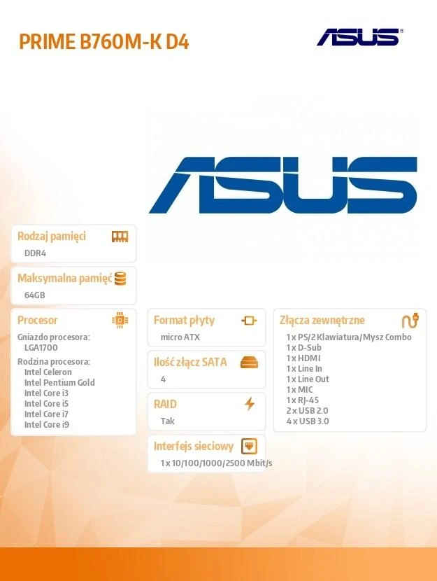 Pagrindinė plokštė ASUS Intel B760 Express / LGA1700 / Micro-ATX / Memory DDR4 / Atminties lizdai 2 / 2xPCI-Express 4.0 1x / 1xPCI-Express 4.0 16x / 2xM.2 / 1x15pin D-sub / 1xHDMI / 2xUSB 2.0 / 4xUSB 3.2 / 1xPS/2 / 1xRJ45 / 3xAudio port