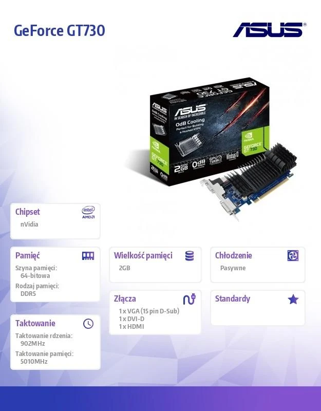 Vaizdo plokštė ASUS GeForce GT 730 2 GB, GDDR5, 64 bitai (GT730-SL-2GD5-BRK)
