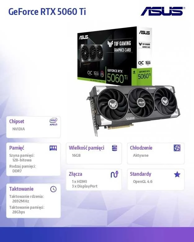 ASUS TUF Gaming GeForce RTX 5060 TI OC 16 GB vaizdo plokštė