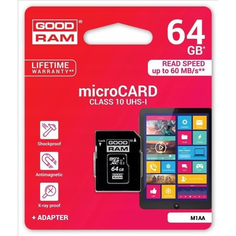 GoodRam Atminties kortelė Micro SDHC class 10 UHS I 64GB + adapteris