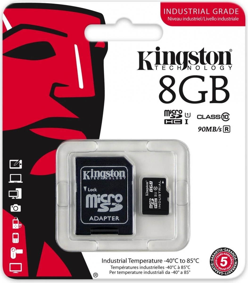 Atminties kortelė Kingston | UHS-I | 8 GB | Micro SDHC/SDXC Industrial Card | Flash atminties klasė Class 10, UHS-I, U3, V30, A1 | SD Adapteris