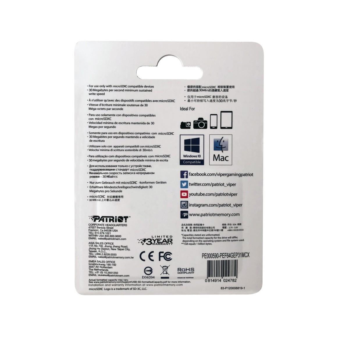 PATRIOT PEF64GEP31MCX Patriot EP Series 64GB Micro SDXC V30 iki 100MB/s