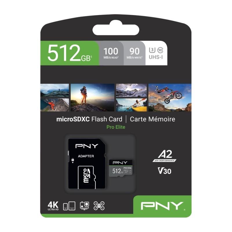 Atminties kortelė Karta PNY PRO Elite Micro SDXC 512 GB 10 klasės UHS-I/U3 A2 V30 (P-SDUX512U3100PRO-GE)