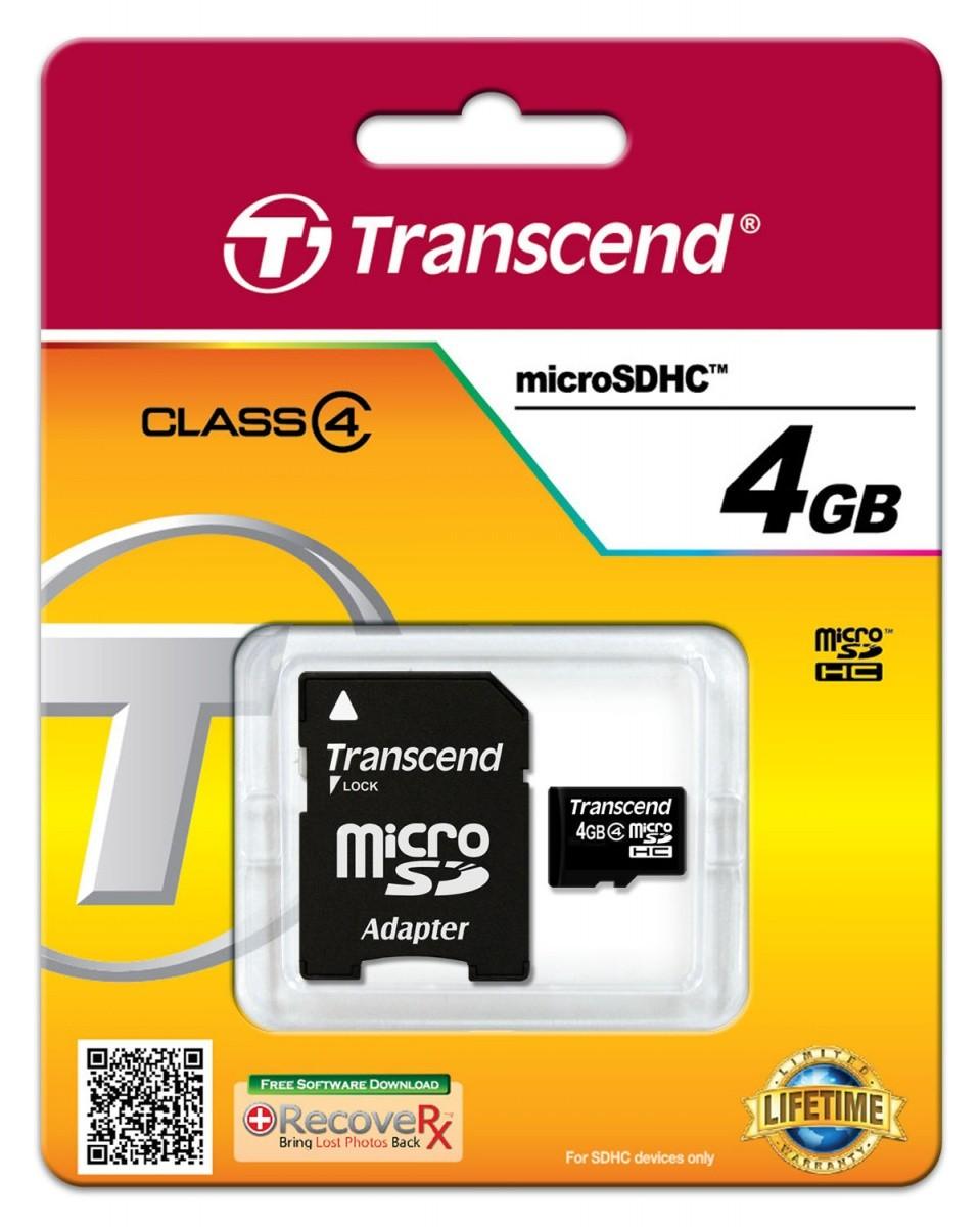 Transcend Micro SDHC 4GB Class4 19/5 MB/s atminties kortelė + adapteris