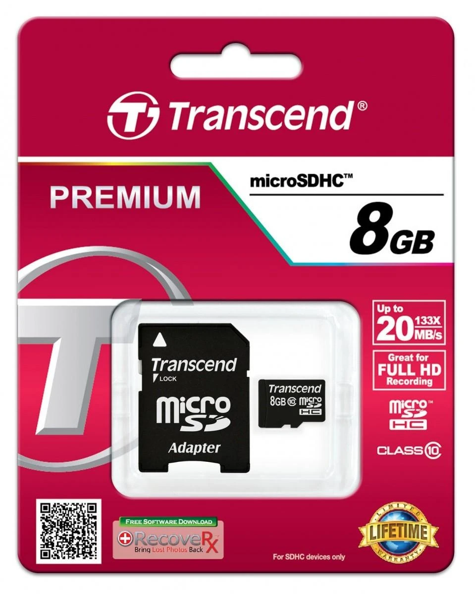 Transcend 8GB Micro SDHC atminties kortelė pakuotėje