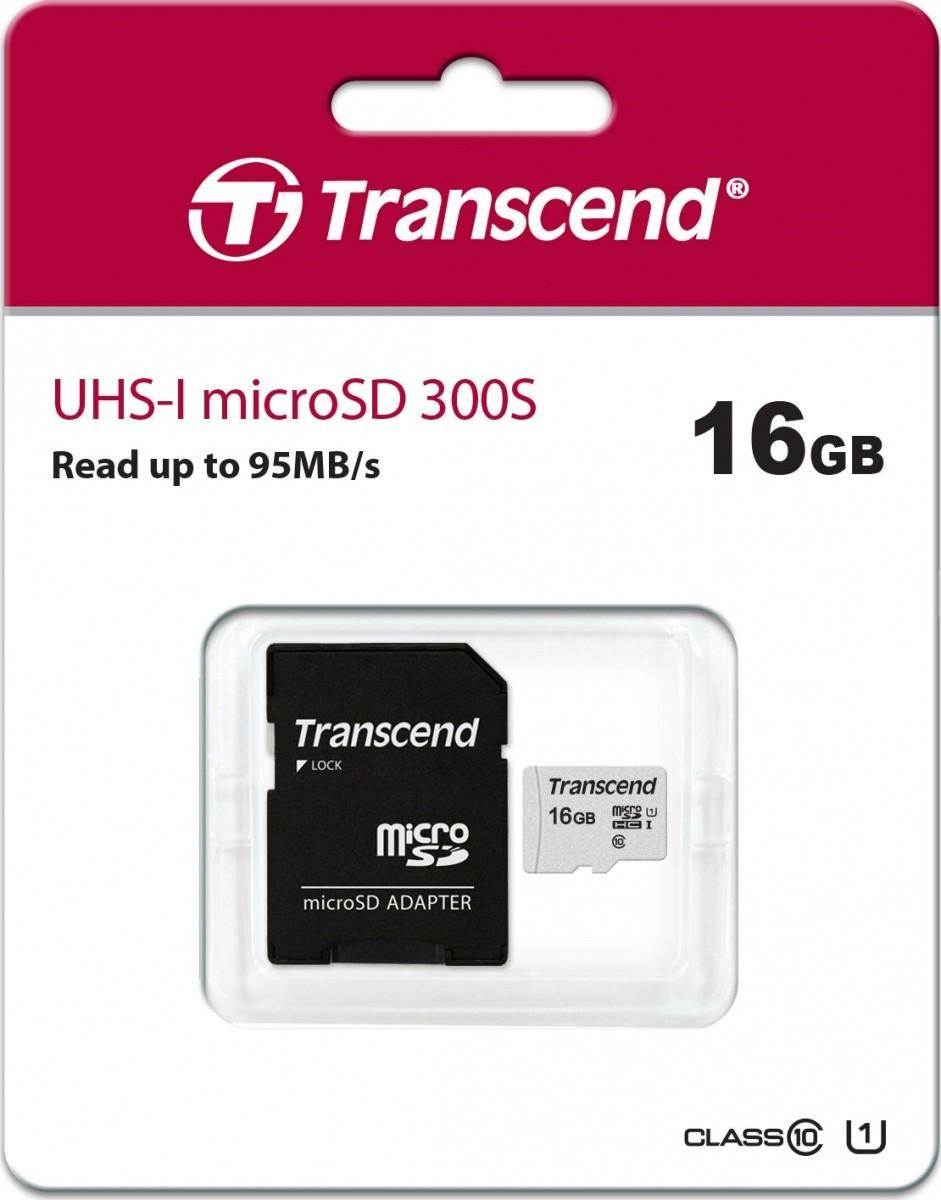 Atminties kortelė su adapteriu Transcend microSDHC USD300S 16GB CL10 UHS-I U3 iki 95MB/S