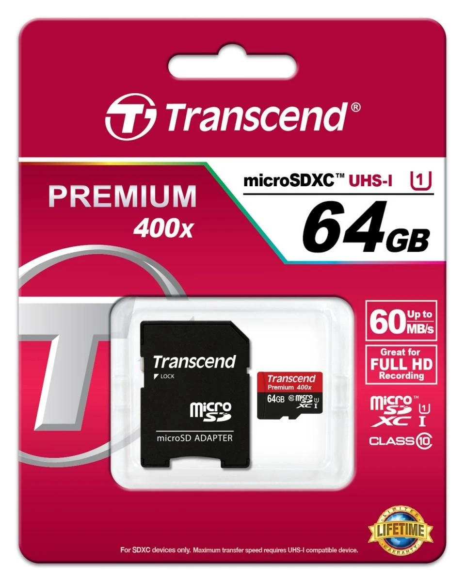 Atminties kortelė TRANSCEND 64GB Micro SDXC Class10 UHS-1 su adapteriu