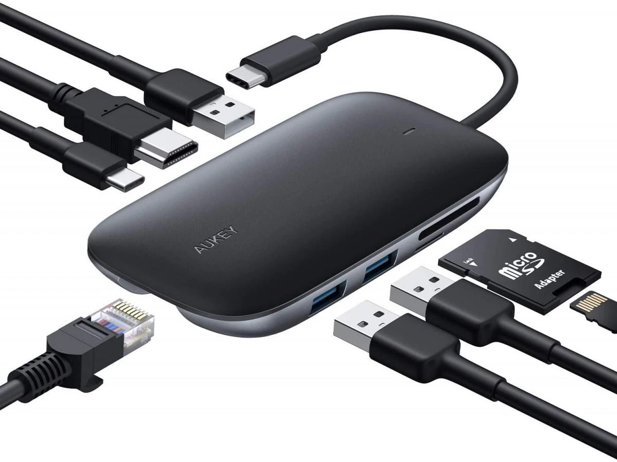 Aukey CB-C71 USB-C šakotuvas su jungčių pavyzdžiais
