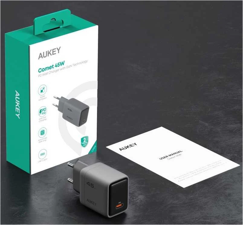 Sieninis įkroviklis 45W USB-C, PD GaN By Aukey Dark Pilkas