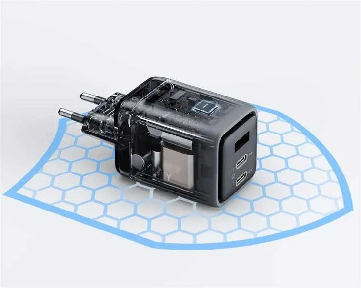 Sieninis įkroviklis 67W 2xUSB-C, 1xUSB, PD GaN by Aukey Dark Pilkas