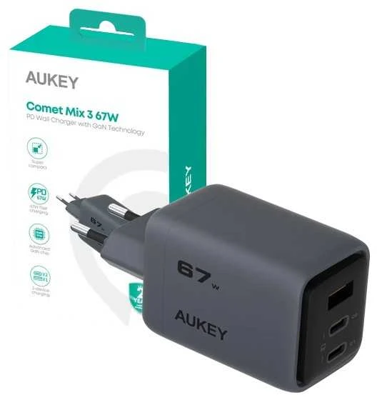 Sieninis įkroviklis 67W 2xUSB-C, 1xUSB, PD GaN by Aukey Dark Pilkas