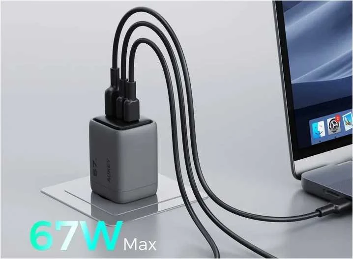Sieninis įkroviklis 67W 2xUSB-C, 1xUSB, PD GaN by Aukey Dark Pilkas