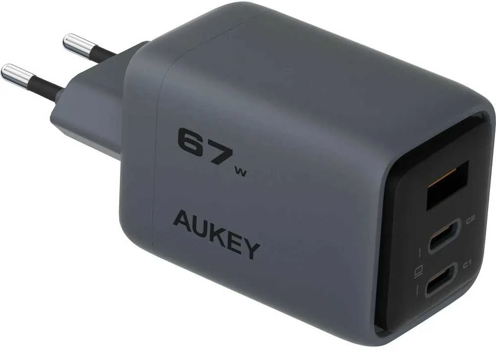 Sieninis įkroviklis 67W 2xUSB-C, 1xUSB, PD GaN by Aukey Dark Pilkas