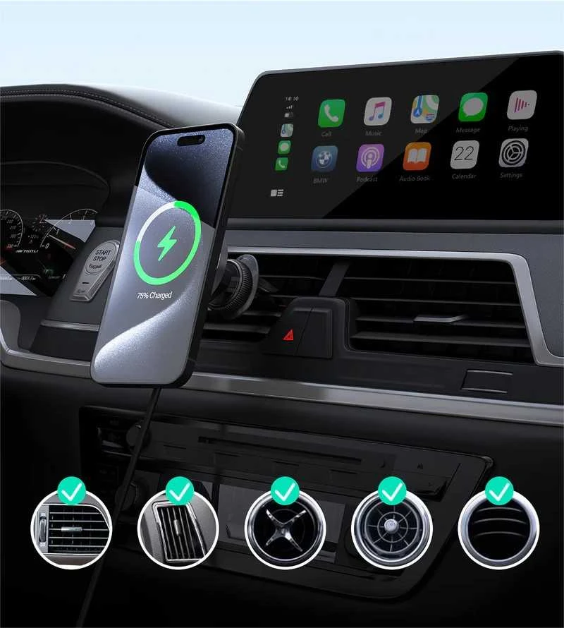 Automobilinis telefono laikiklis Aukey HD-MC13, su įkrovikliu 15W Qi2 (juodas)