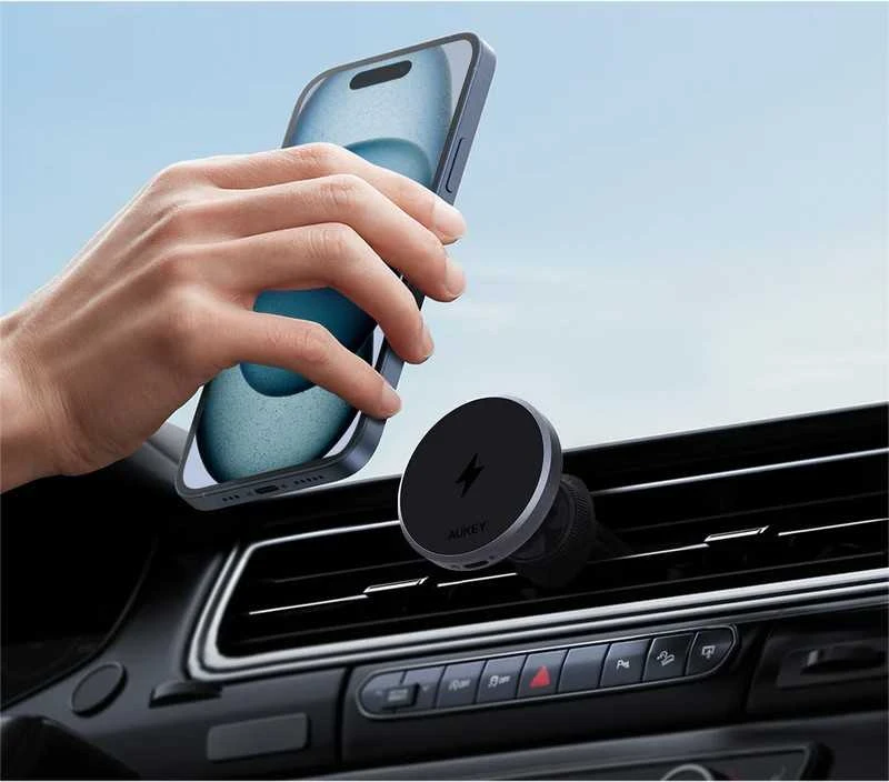 Automobilinis telefono laikiklis Aukey HD-MC13, su įkrovikliu 15W Qi2 (juodas)