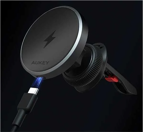 Automobilinis telefono laikiklis Aukey HD-MC13, su įkrovikliu 15W Qi2 (juodas)