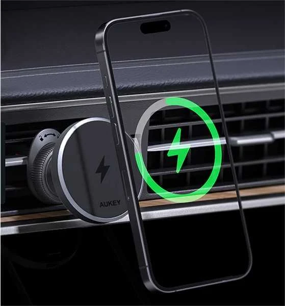 Automobilinis telefono laikiklis Aukey HD-MC13, su įkrovikliu 15W Qi2 (juodas)