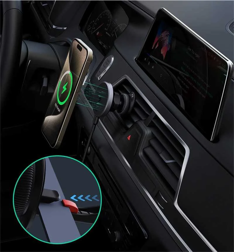 Automobilinis telefono laikiklis Aukey HD-MC13, su įkrovikliu 15W Qi2 (juodas)