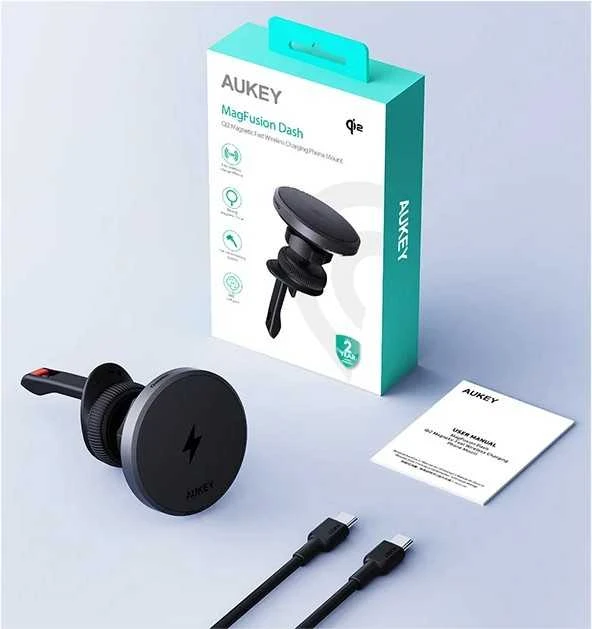 Automobilinis telefono laikiklis Aukey HD-MC13, su įkrovikliu 15W Qi2 (juodas)