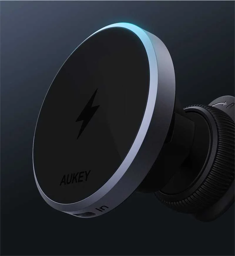 Automobilinis telefono laikiklis Aukey HD-MC13, su įkrovikliu 15W Qi2 (juodas)