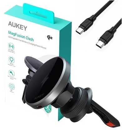 Automobilinis telefono laikiklis Aukey HD-MC13, su įkrovikliu 15W Qi2 (juodas)