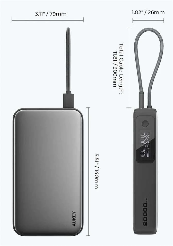 Aukey Pb-y48 nešiojamas įkroviklis 20000 mAh 130 W 4xUSB LED PPS kabelis USB-C