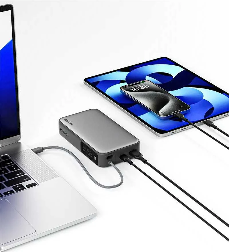 Aukey Pb-y48 nešiojamas įkroviklis 20000 mAh 130 W 4xUSB LED PPS kabelis USB-C