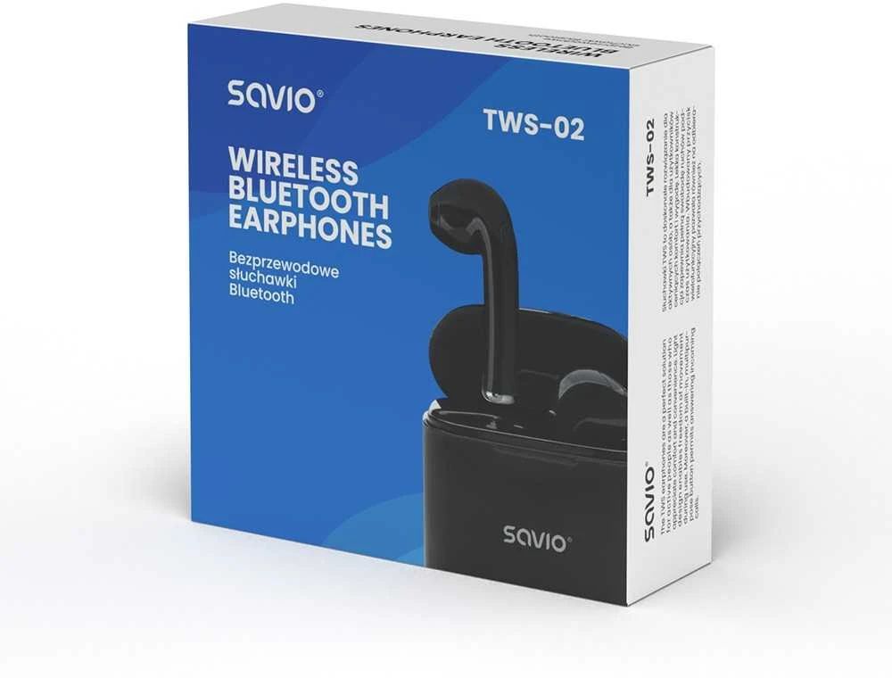 Belaidės ausinės Savio TWS-02, Bluetooth, su mikrofonu, juodos