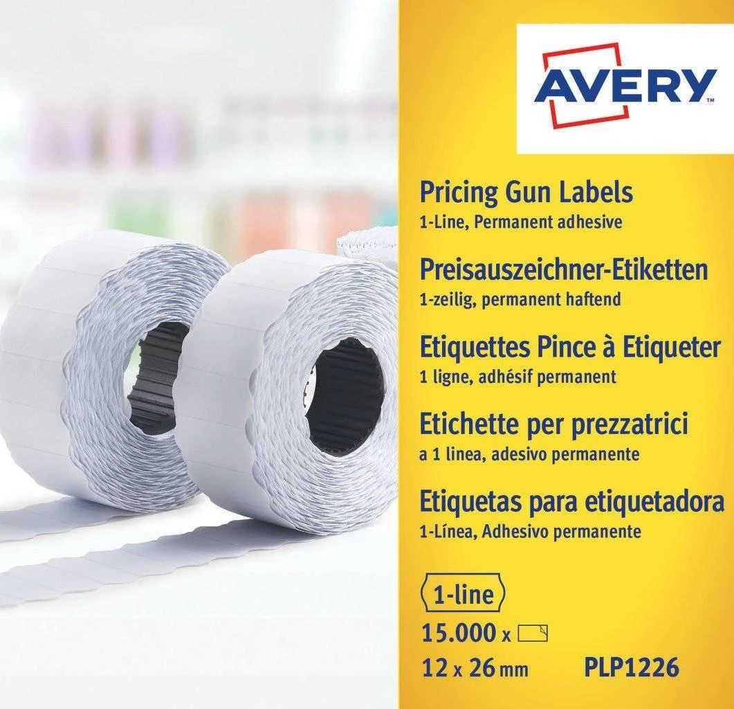 Avery Roll-up kainų etiketės vienos eilės ženklinimo mašinoms; visam laikui; 1500 etikečių / ritinys; 10 ritinių/pak.; 12 x 26 mm, balta