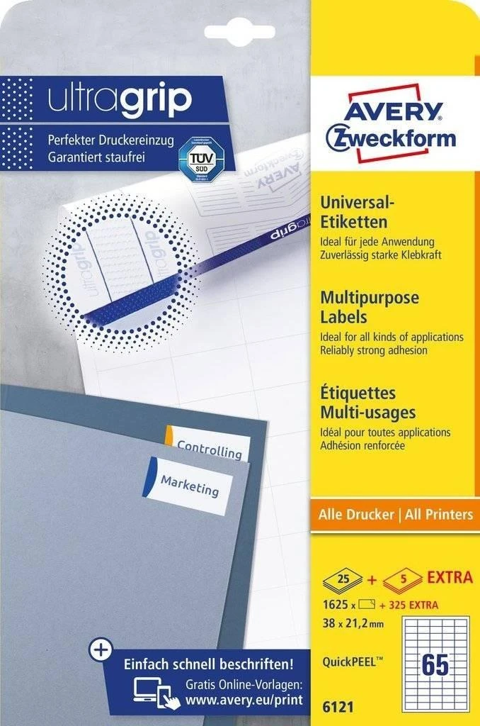Avery Zweckform Universalus bendrosios paskirties etiketės, 38 x 21,2 mm, balta, spausdintuvui, 1950 vnt -6121