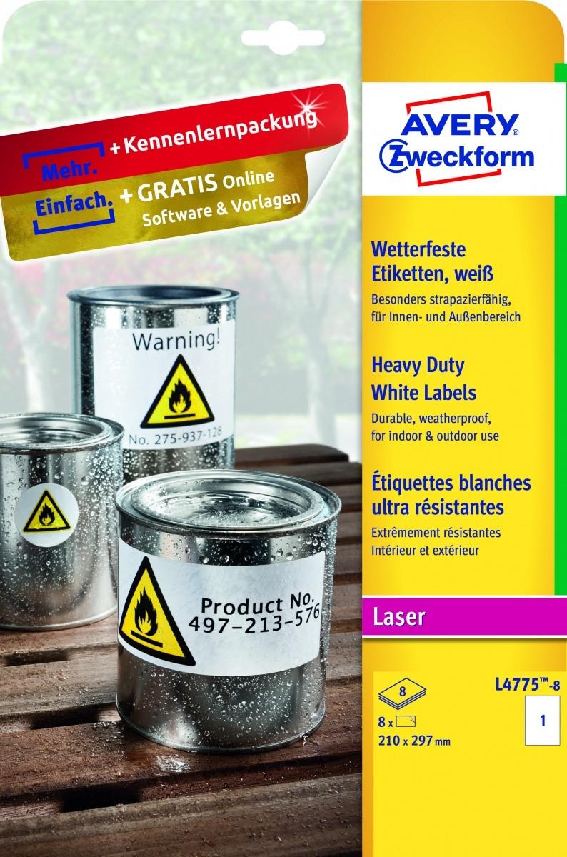„Avery Zweckform“ ETIKETĖS ZF L4775-8 210X297 MM ATSPIRUS VANDENIUI, 8 LAPAI