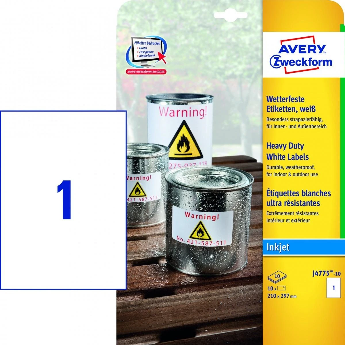 Avery Heavy Duty vandeniui atsparios etiketės, 210 x 297 mm, balta, spausdintuvui, 10 vnt