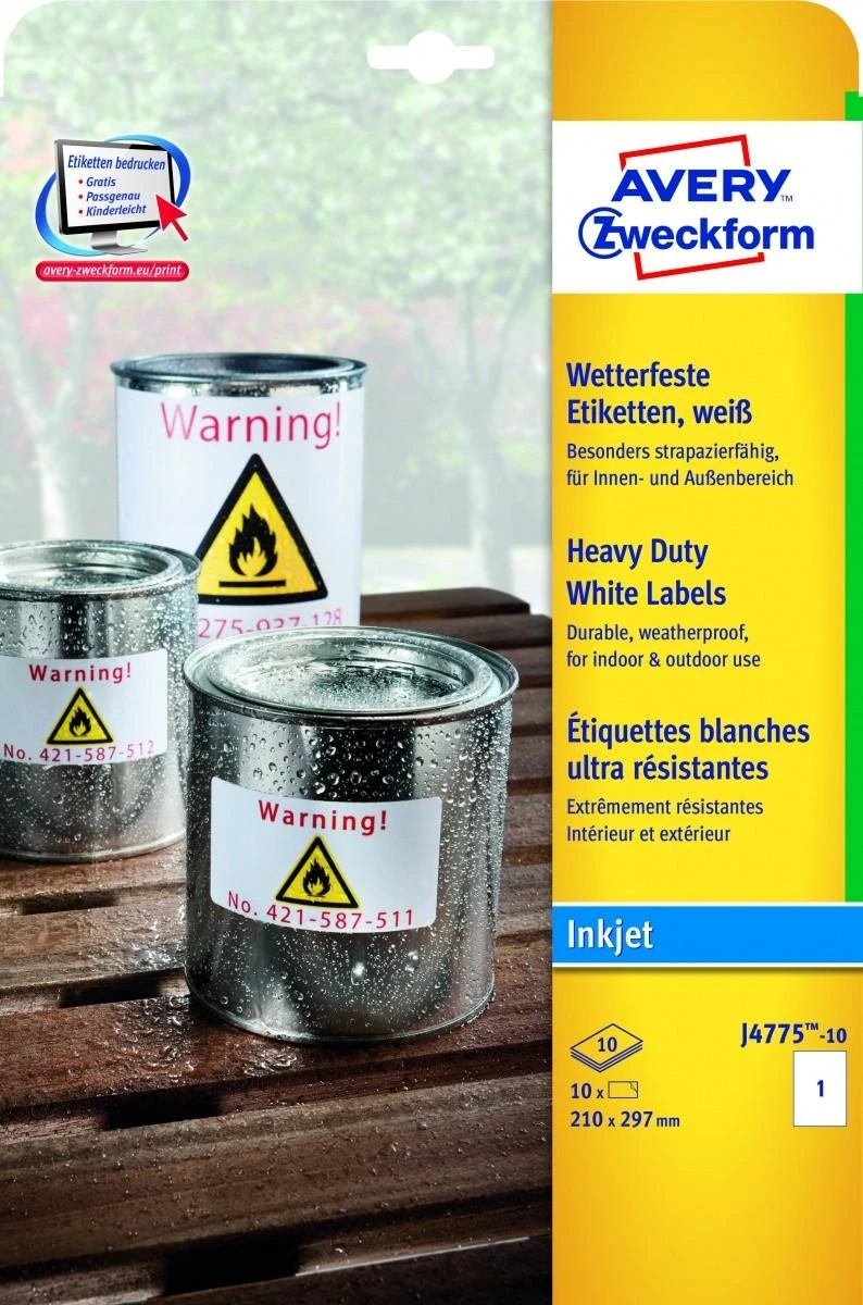 Avery Heavy Duty vandeniui atsparios etiketės, 210 x 297 mm, balta, spausdintuvui, 10 vnt