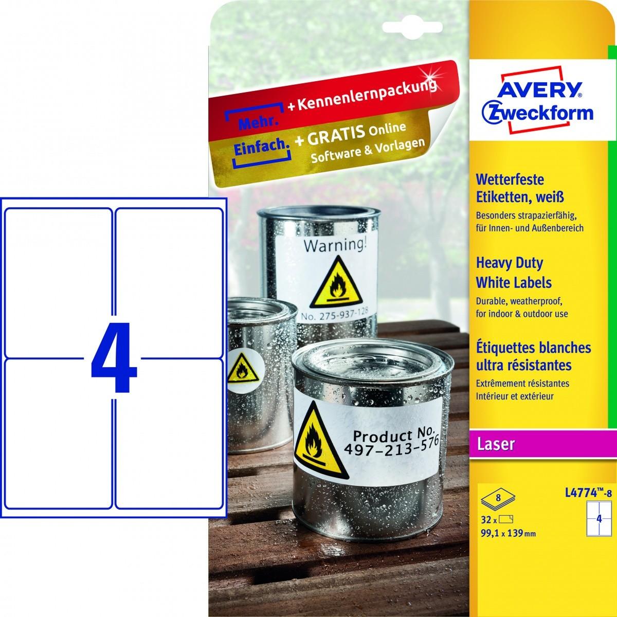 Avery Zweckform etiketės ZF L4774-8, vandeniui atsparios, 99,1 x 139 mm, 8 lapai/32 vnt.