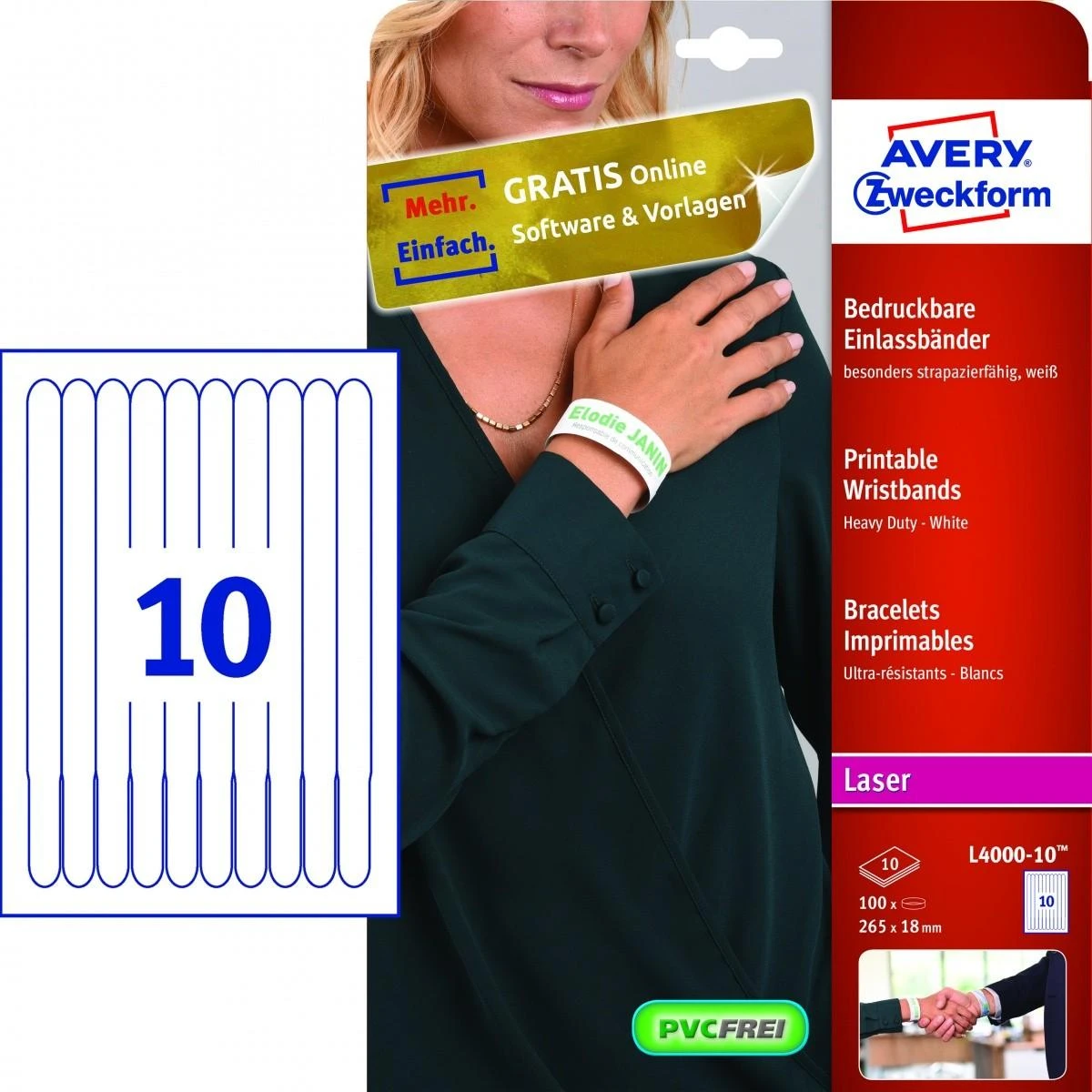 Avery Zweckform Spausdinamos identifikavimo apyrankės A4 10 lapų 265 x 18 mm balta poliesterio folija