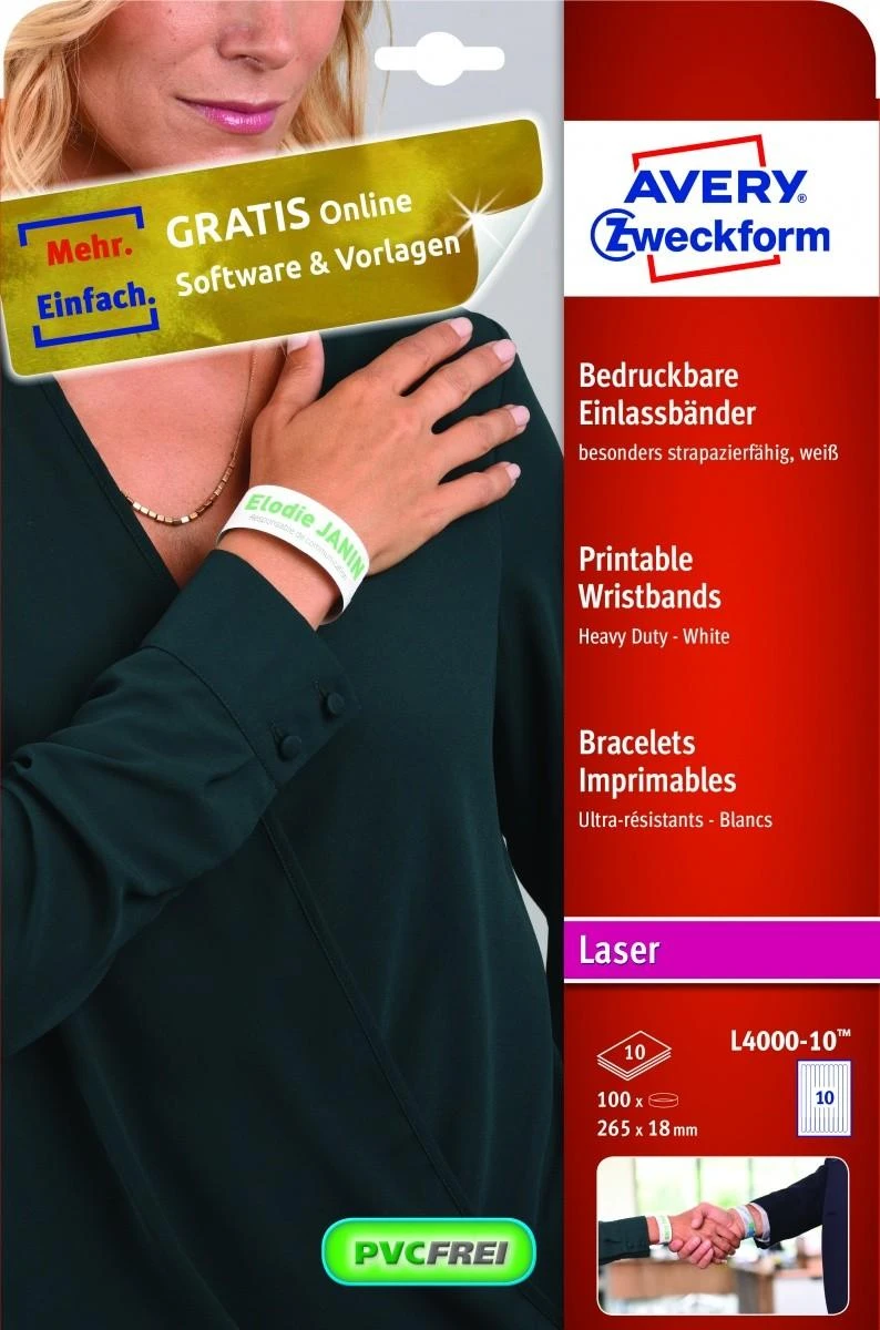 Avery Zweckform Spausdinamos identifikavimo apyrankės A4 10 lapų 265 x 18 mm balta poliesterio folija