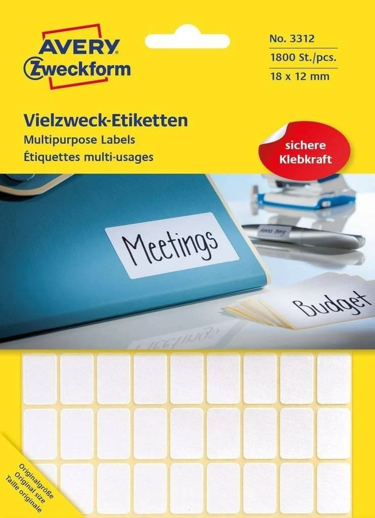 Avery Mini lapinės etiketės rašymui ranka, 18 x 12mm, balta, 1800 vnt