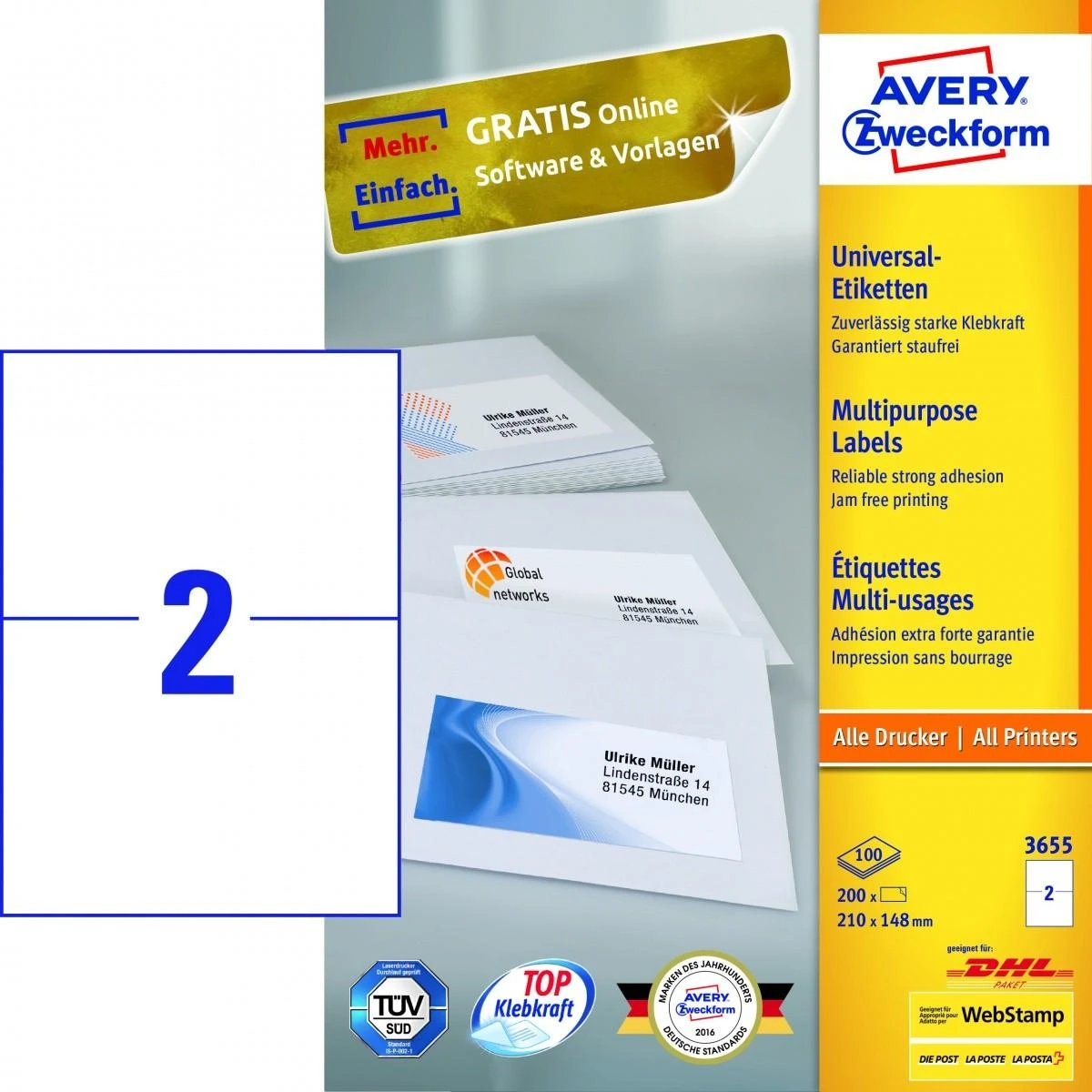 Lipnios etiketės Avery Zweckform, A4, 210×148, 2 etiketės lape, 100 lapų, baltos spalvos