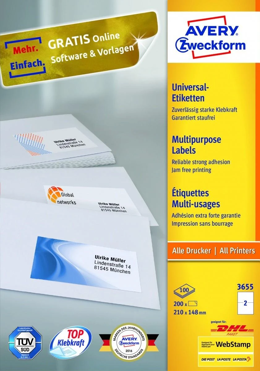 Lipnios etiketės Avery Zweckform, A4, 210×148, 2 etiketės lape, 100 lapų, baltos spalvos