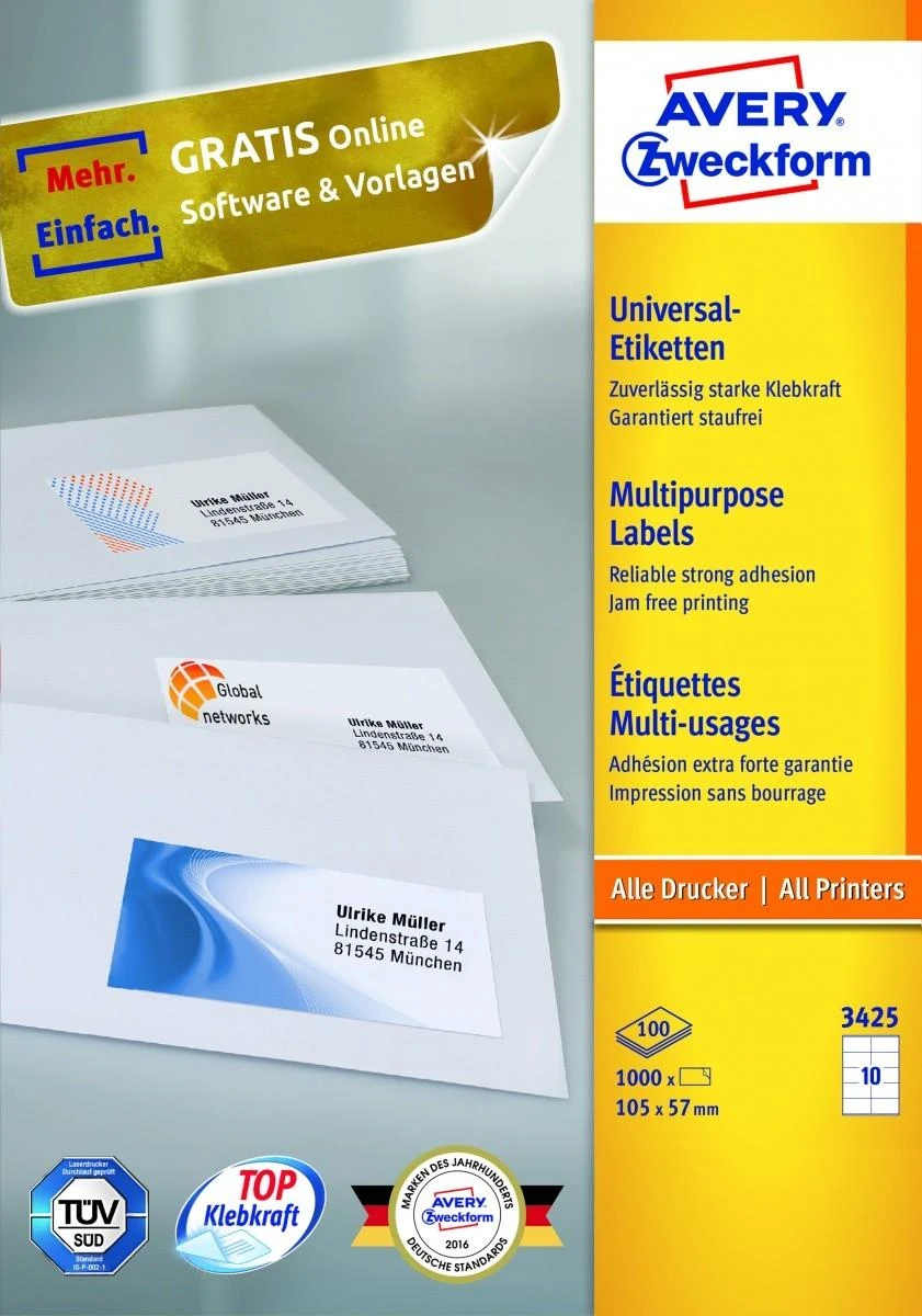 Lipnios etiketės Avery Zweckform, 105x57mm, A4, 10 etikečių lape, 100 lapų, baltos spalvos